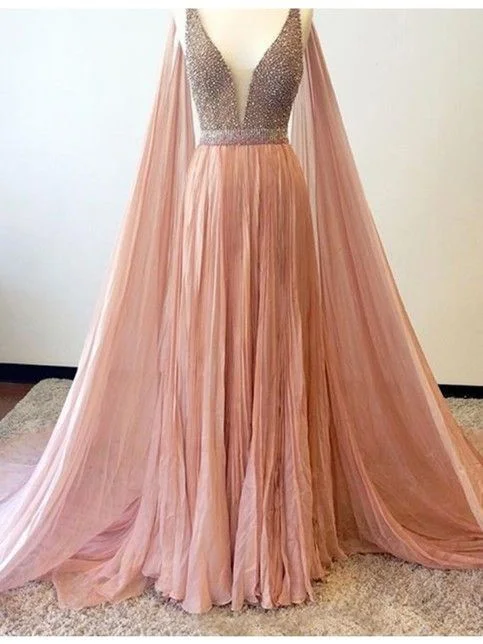 Women's Holiday Outfit Beat the Heat in Tropical Styles Long Pink V Neck Crystal Sexy Prom Dress,Beaded Prom Dresses,Long Evening Dress,Formal Gown