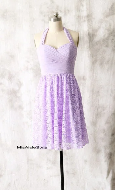 Elegant Women's Evening Garments Chic Allure Knee Length Halter Neckline Lilac Bridesmaid Dress