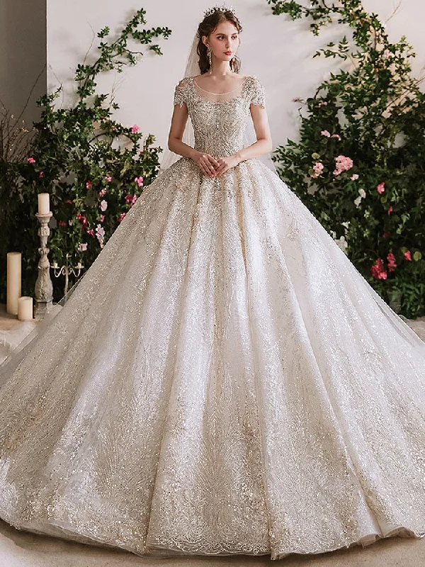 Sustainable Women's Apparel Effortless Comfort Cap Sleeves Luxury Beaded Tulle Wedding Dresses, Long Train Bridal Gown, High Quality Wedding Dresses