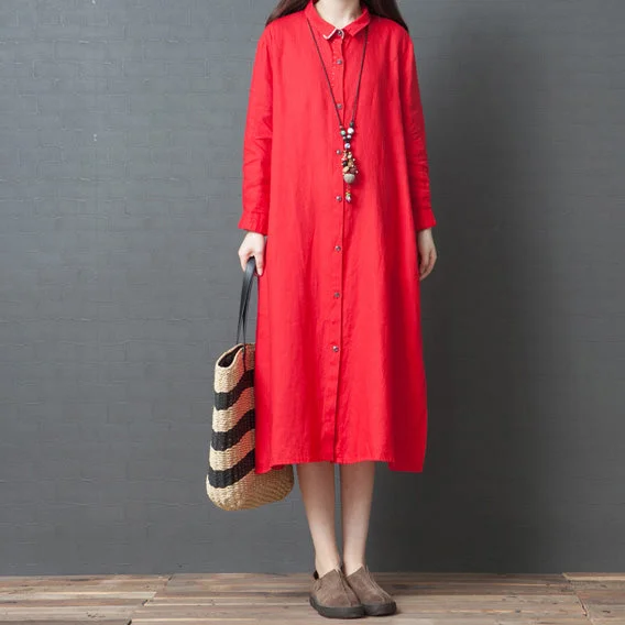 Women's Date Night Outfit Ethnic Cultural Event Wear 2024 spring new red linen shirt dress casual plus size long sleeve maxi dress