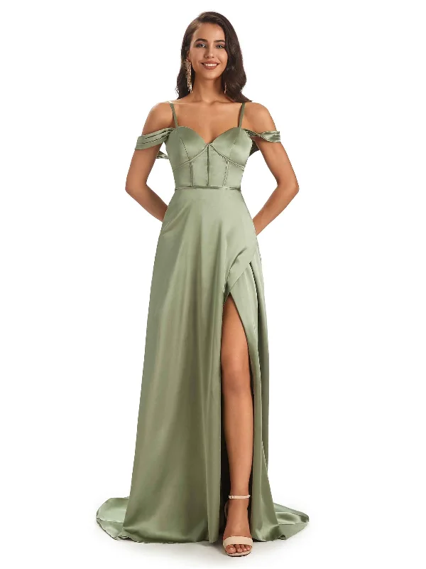 Women's Athletic Outfit Effortless Comfort Stylish Soft Satin Side Slit Spaghetti Straps Cold Shoulder Bridesmaid Dresses Online