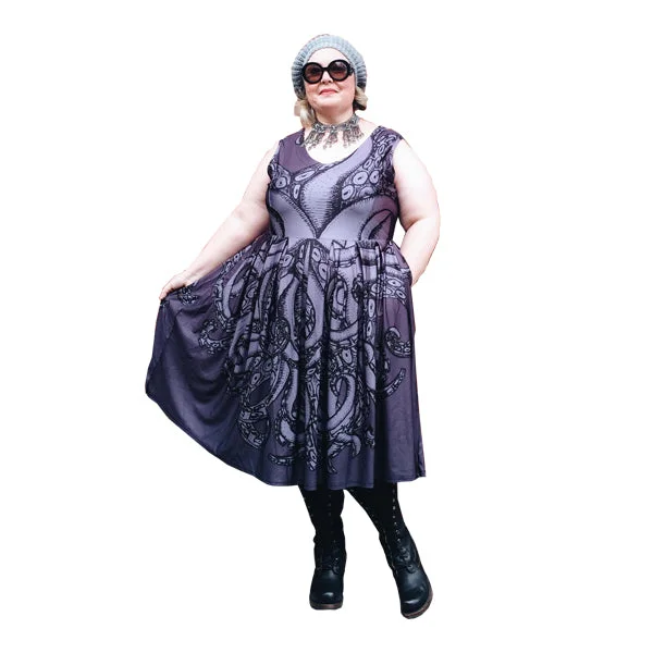 Charming Women's Garments Vibrant Prints Vee Sleeveless Tentacles dress in blue or charcoal available on pre-order! Plus Size 14 - 36