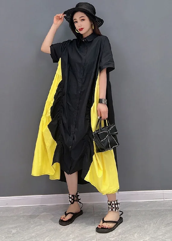 Chic Women's Garments Elegant Contour Plus Size Black Yellow Colorblock Peter Pan Collar Wrinkled Cotton Shirt Dress Short Sleeve