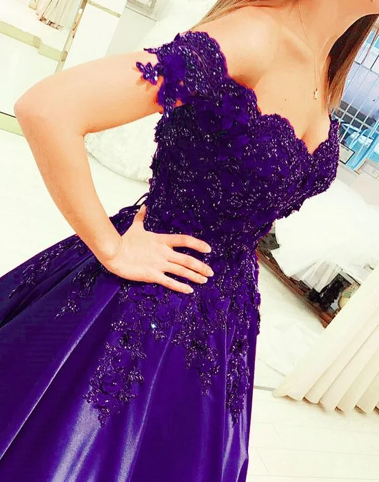 Women's Stylish Vacation Attire Disco - Inspired Retro Dance Look purple ball gown prom dresses elegant lace off shoulder satin gown cg5232