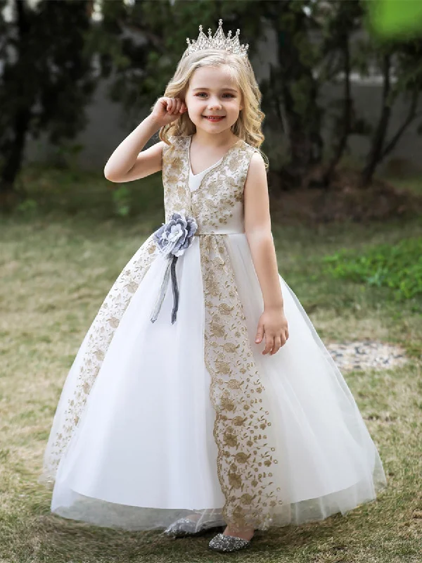 Comfortable Outfit For Women Holiday Sale Ball Gown V-Neck Sleeveless Flower Girl Dresses with Sash