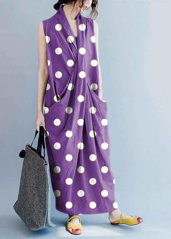 Women's Transitional Outfit Update with Cottagecore Styles V Neck Sleeveless Loose Long Dress Casual Split Hem Purple polka dots Long Tank