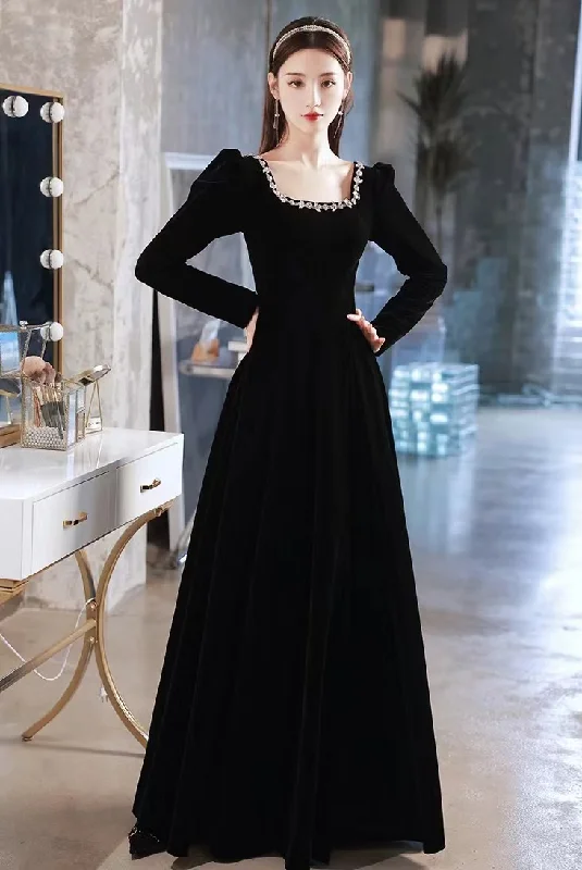 Women's Vintage Garments Vibrant Prints Black evening dress,high sense velvet long sleeve evening dress, custom made Y2934