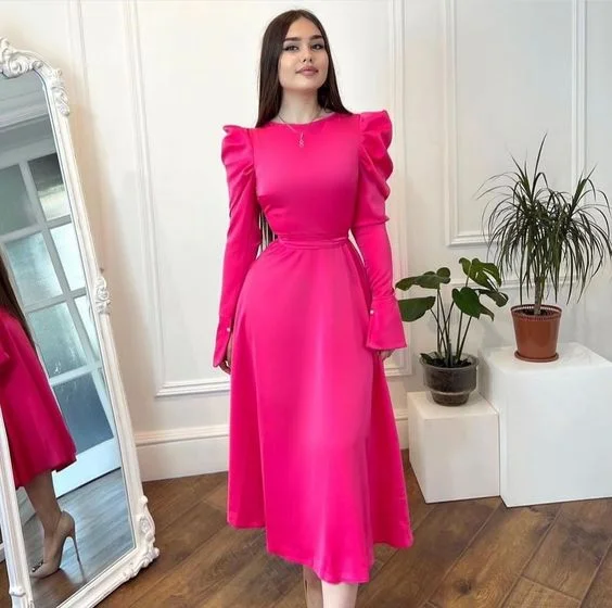 Elegant Women's Evening Garments Everyday Glamour Modest Hot Pink Long Sleeves Prom Dress Fashion Party Dress Y5591