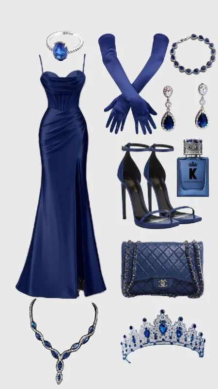 Women's Workout Garments Playful Elegance Pretty Mermaid Spaghetti Straps Royal Blue Satin Slit Long Party Dress Prom Dress C3135