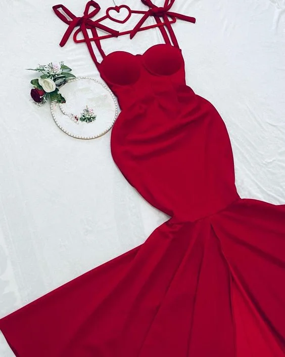 Affordable Luxury Women's Garments Effortless Sophistication Pretty Mermaid Spaghetti Straps Red Long Party Dress, Satin Prom Dress C3124