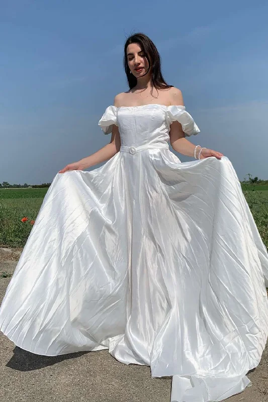 Women's Athleisure Apparel Flowy Fabric White Off-the-Shoulder Puff Sleeve A-Line Long Wedding Gown