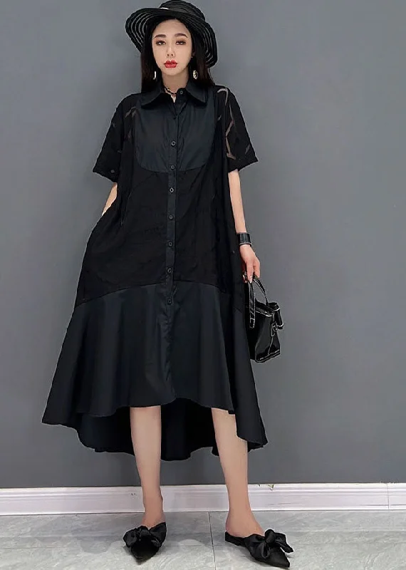 Comfortable Garments For Women Seasonal Trend Modern Black Peter Pan Collar Patchwork Cotton Shirt Dress Short Sleeve