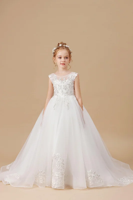 Women's Stylish Outdoor Outfit Dreamy Draping Ivory Multi-Layer Tulle Sleevelesss Applique Flower Girl Dresses with Sweep trailing