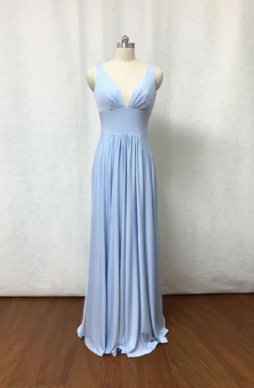 Casual Garments For Women Beat the Heat in Tropical Styles Long V-neck Blue Bridesmaid Dress