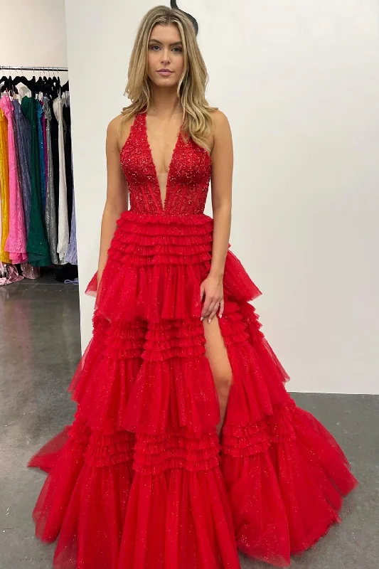 Women's Clothing For Holiday Travel Feminine Soft - Hued Look Red Tulle Appliques Halter Ruffle Tiered Ball Gown