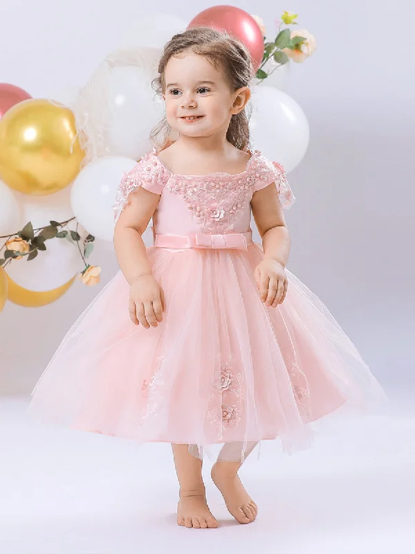 Women's Vintage Attire Tropical Island - Inspired Attire Ball Gown Scoop Short Sleeves Flower Girl Dresses with Bow Knot