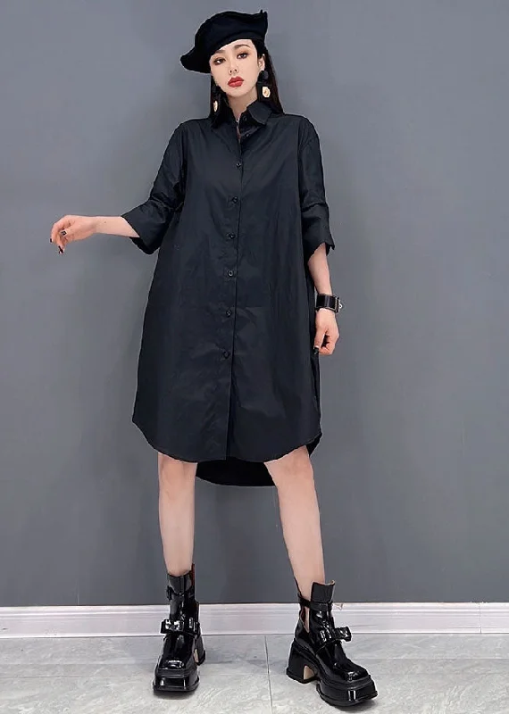 Women's Athletic Garments Refined Simplicity Plus Size Black Original Design Peter Pan Collar Tulle Patchwork Cotton Shirt Dresses Long Sleeve