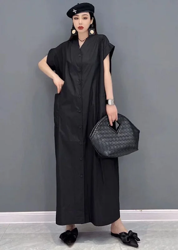 Women's Comfortable Garments Playful Elegance Modern Black Solid V Neck Button Pockets Cotton Long Shirt Dresses Short Sleeve