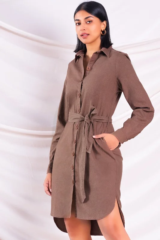 Women's Athleisure Apparel Elegant Details Brown Shirt Dress