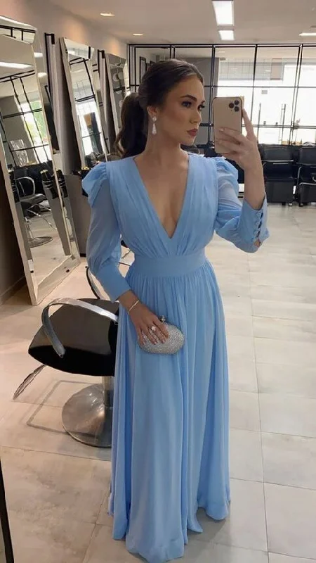 Women's Charming Outfit For Events Elevated Style Light Blue Long Sleeve Chiffon Prom Dress Evening Dress Y5747