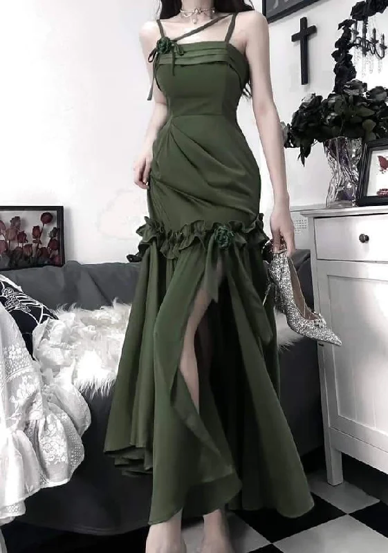 Women's Garments Winter Warm - Up Sale Elegant Sheath Straps Sleeveless Olive Green Satin Slit Prom Dresses Long Evening Dress C2877