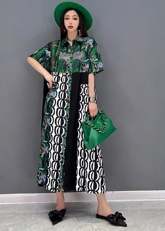 Affordable Women's Garments Vintage Elegance Style Green Asymmetrical Design Print Silk Shirt Dress Short Sleeve