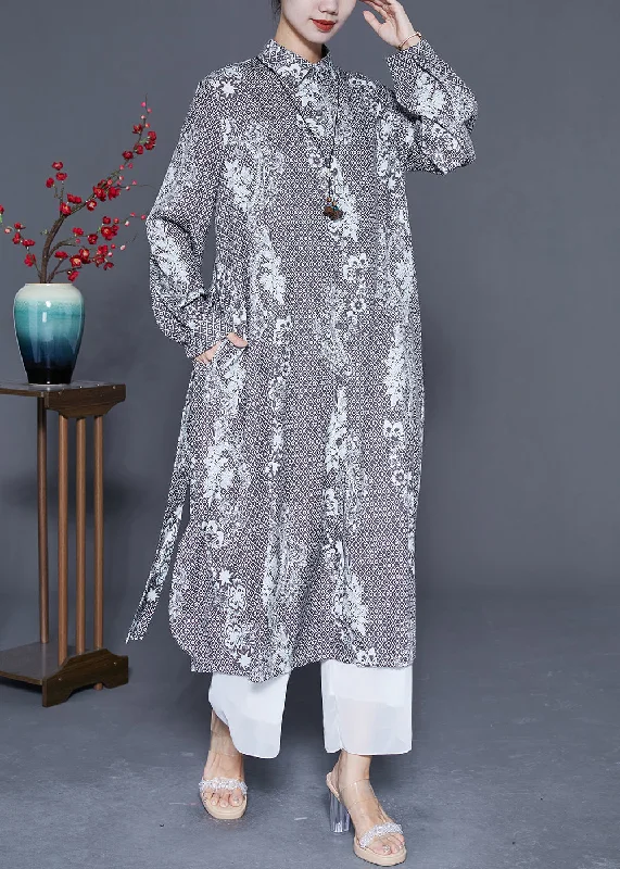 Stylish Outerwear Clothing For Women Mid - Week Surprise Bohemian Grey Oversized Print Side Open Chiffon Shirt Dress Summer