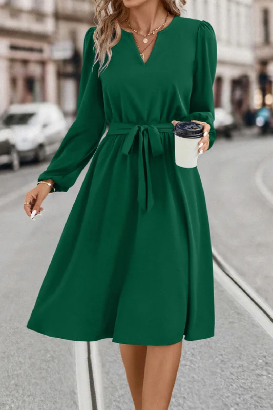 Charming Everyday Clothing For Women Ethnic Cultural Event Wear Tie Waist Notched Neck Long Sleeve Dress