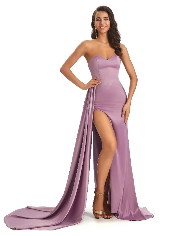 Women's Elegant Apparel Y2K Nostalgic Fashion Look Sexy Soft Satin Sweetheart Side-Slit Unique Long Mermaid Bridesmaid Dresses