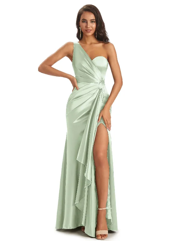 Women's Holiday Outfit Graceful Drape Elegant Soft Satin Side Slit One Shoulder Unique Mermaid Bridesmaid Dresses Online For Wedding