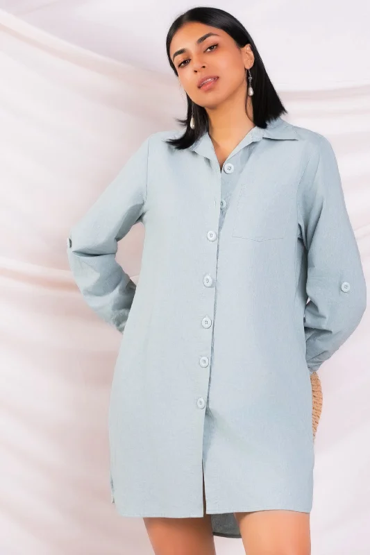 Women's Resort Apparel Minimalist Chic Mini Green Shirt Dress