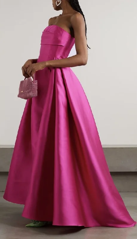 Women's Party Clothes Vintage Elegance Fancy A Line Strapless Hot Pink Satin Long Prom Dresses Ruffles Evening Dress C2633