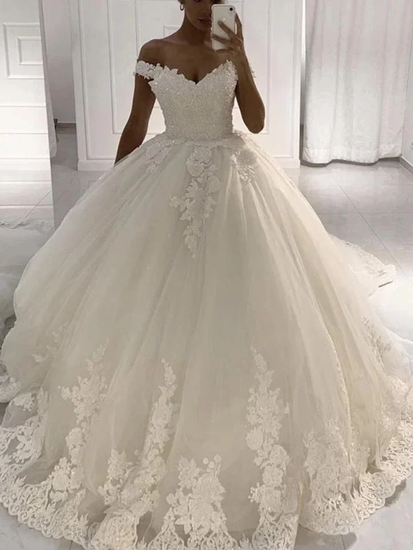 Women's Evening Garments Alluring Design Off Shoulder A-line Lace Tulle Wedding Dresses, Ball Gown Dresses, Popular Wedding Gown