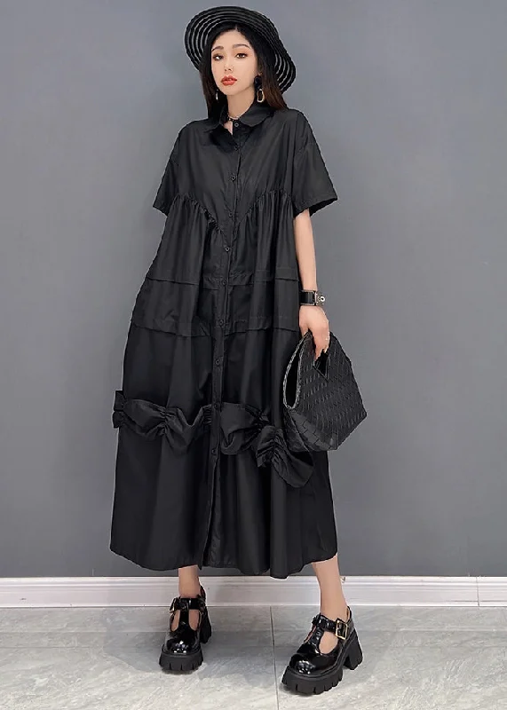 Women's Vacation Garments Sophisticated Cut Black Loose Shirt Dresses Asymmetrical Design Wrinkled Short Sleeve