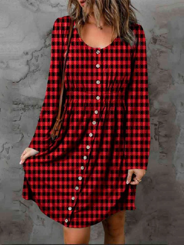 Vintage-Inspired Women's Apparel Elevated Style Double Take Full Size Plaid Round Neck Long Sleeve Magic Dress