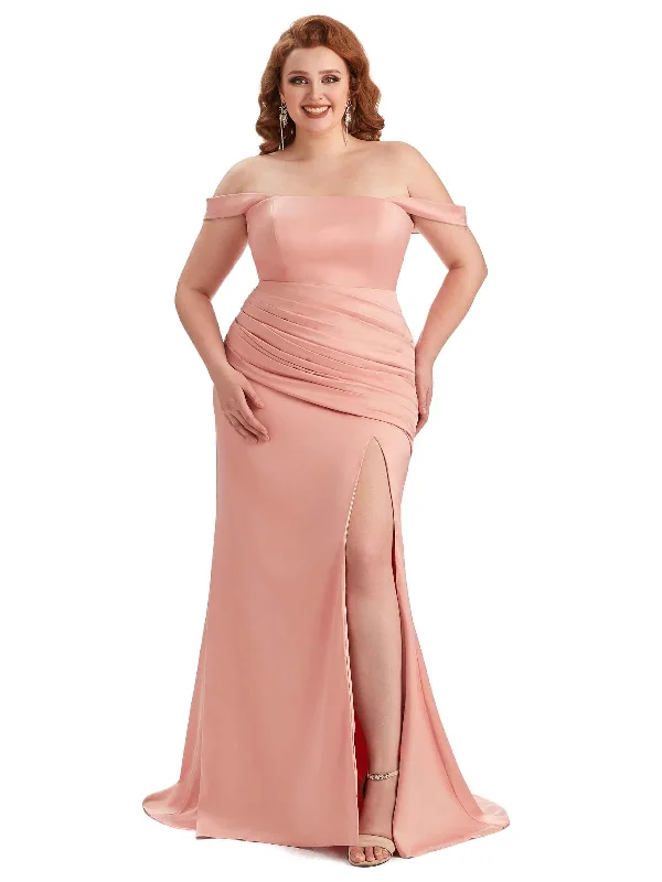 Affordable Women's Outfit Everyday Glamour Plus Size Sexy Off Shoulder Side Slit Mermaid Soft Satin Long Bridesmaid Dress For Wedding