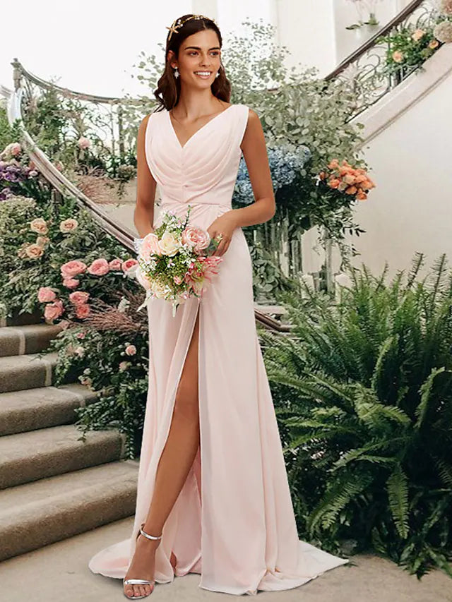 Women's Comfy Attire For Lounging Great Prices on Feminine Styles Bridesmaid Dress V Neck Sleeveless Elegant Floor Length Chiffon with Split Front   Ruching