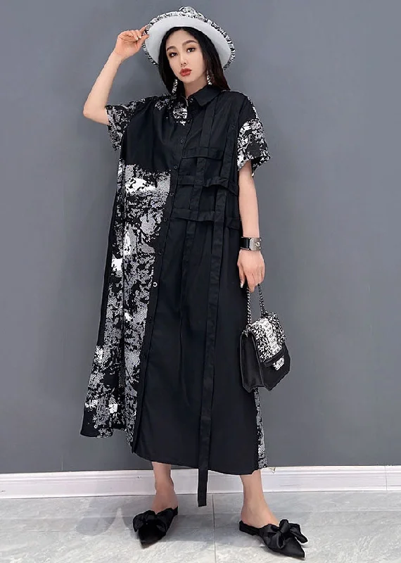 Formal Garments For Women Effortless Comfort Bohemian Black Peter Pan Collar Print Cotton Shirt Dress Short Sleeve