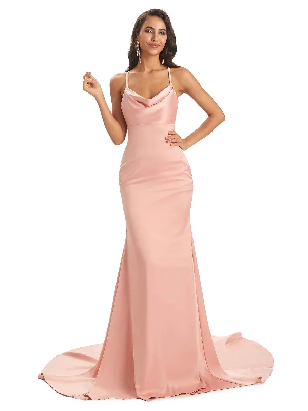 Fashionable Women's Outfit Romantic Date - Night Ensemble Elegant Soft Satin Spaghetti Straps Cowl Maxi Mermaid Bridesmaid Dresses Online