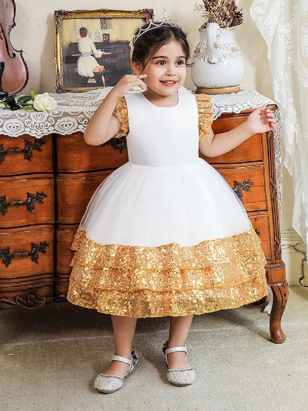 Modern Women's Apparel Parisian Effortless Chic Style Ball Gown Scoop Flying Sleeves Flower Girl Dresses with Sequins