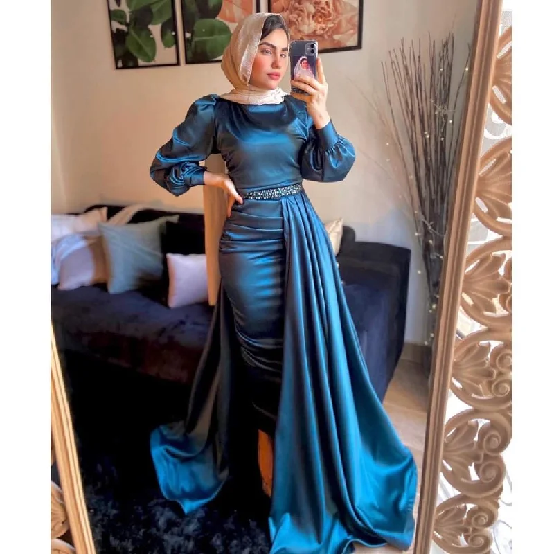 Women's Everyday Attire Final Clearance Arabic Evening Dress Muslim High Neck Waist Beaded Long Sleeves Y4937