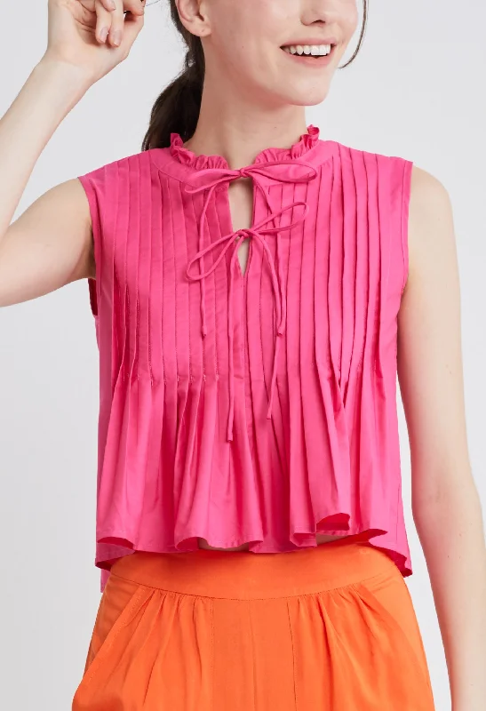 Women's Transitional Outfit Graceful Drape Pleated Flare Sleeveless Double Tie Top