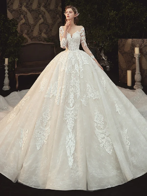 Women's High-Fashion Apparel Minimalist Chic Long Sleeves Lace Tulle Wedding Dresses, Ball Gown Wedding Dresses, Newest Luxury Wedding Dresses