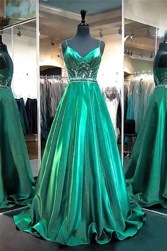 Women's Resort Attire Minimalist Office - Ready Style Beautiful Stunning A Line Sweetheart Cut Out Back Emerald Green Satin Beaded Prom Dress With Strap  cg5865