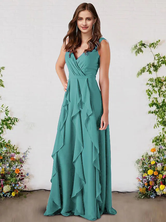 Women's Activewear Garments Refined Simplicity A-Line Bridesmaid Dress V Neck Sleeveless Elegant Floor Length Chiffon with Ruffles