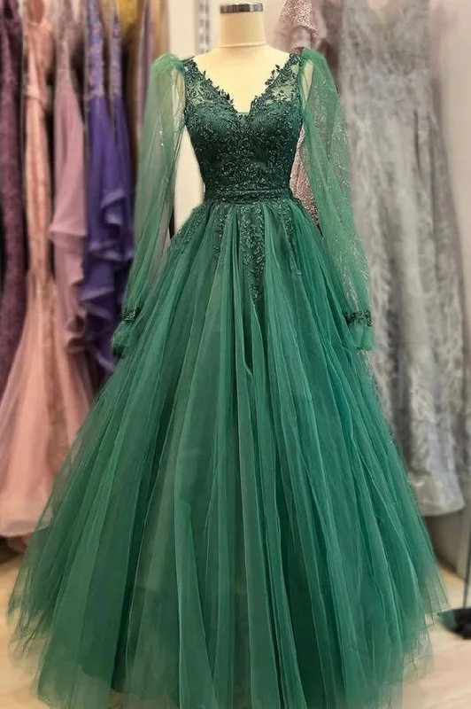 Women's Holiday Outfit Last Chance Sale Green tulle beads V Neck long Sleeve prom dress green evening dress Y6811