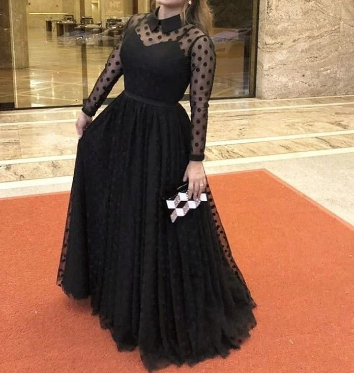 Formal Attire For Women Contemporary Elegance Black A-line Long Sleeves Prom Dress,Black Evening Dress Y5691