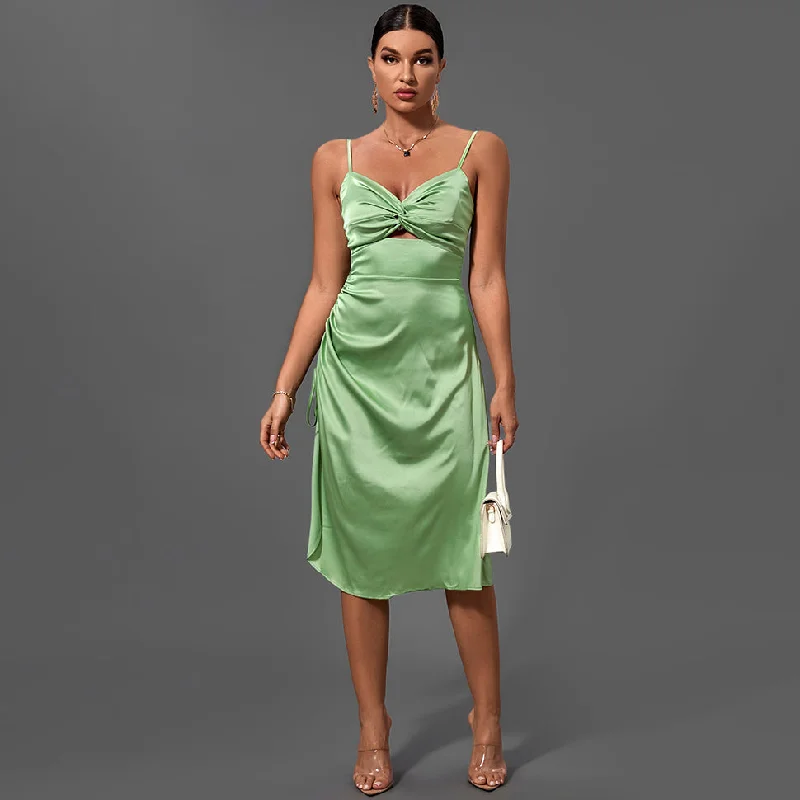 Women's Evening Clothes Soft Textures Green Strappy Sleeveless Cut Out Midi Bodycon Dress FP21433