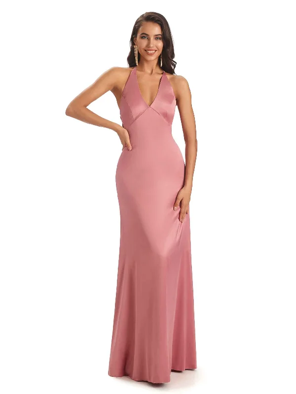 Chic Clothes For Women Beat the Heat in Tropical Styles Modern Soft Satin V-neck Halter Sexy Unique Bridesmaid Dresses Online