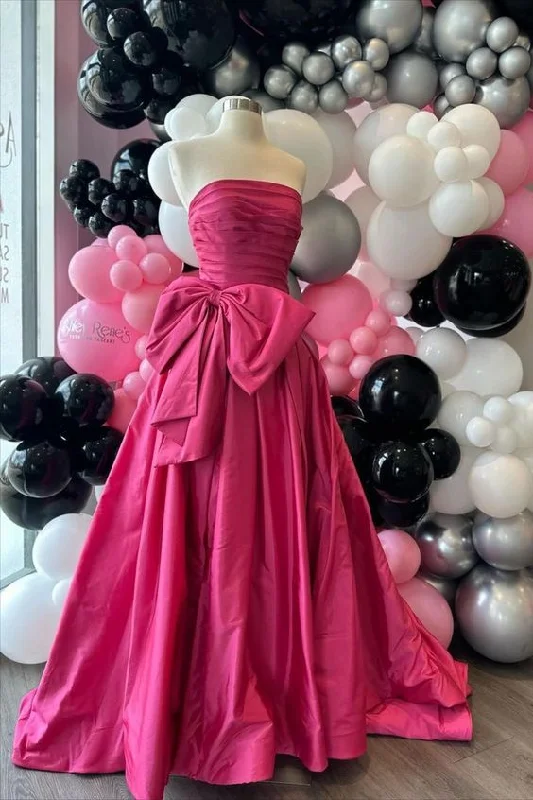 Women's Occasion Wear Apparel Update with Cottagecore Styles Fancy Hot Pink Strapless Satin Long Prom Dress Tiered Evening Formal Gown With Bowknot C2695